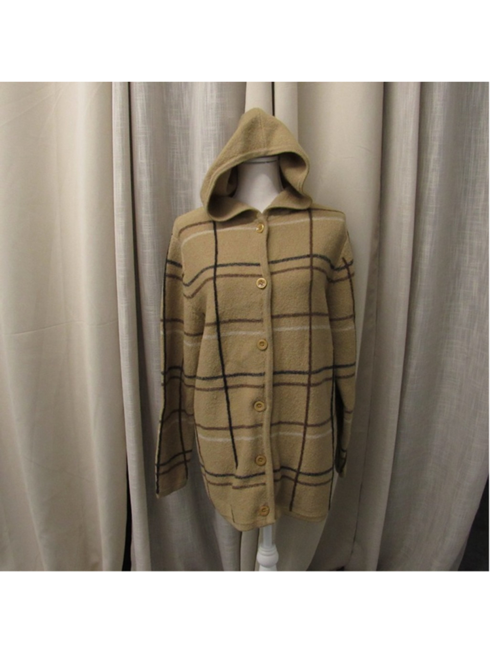 Vintage Cherokee Plaid Wool Hooded Cardigan Sweater M Tan Knit Made in Japan